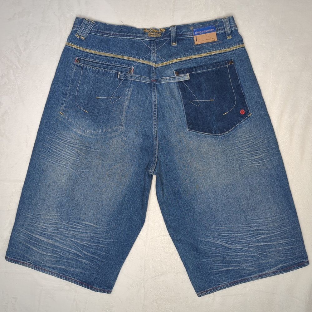 Vintage Y2K Baggy Rocawear‎ Blue Wide Leg Embroidered Jorts sz. 38W Hip Hop - Picture 10 of 16